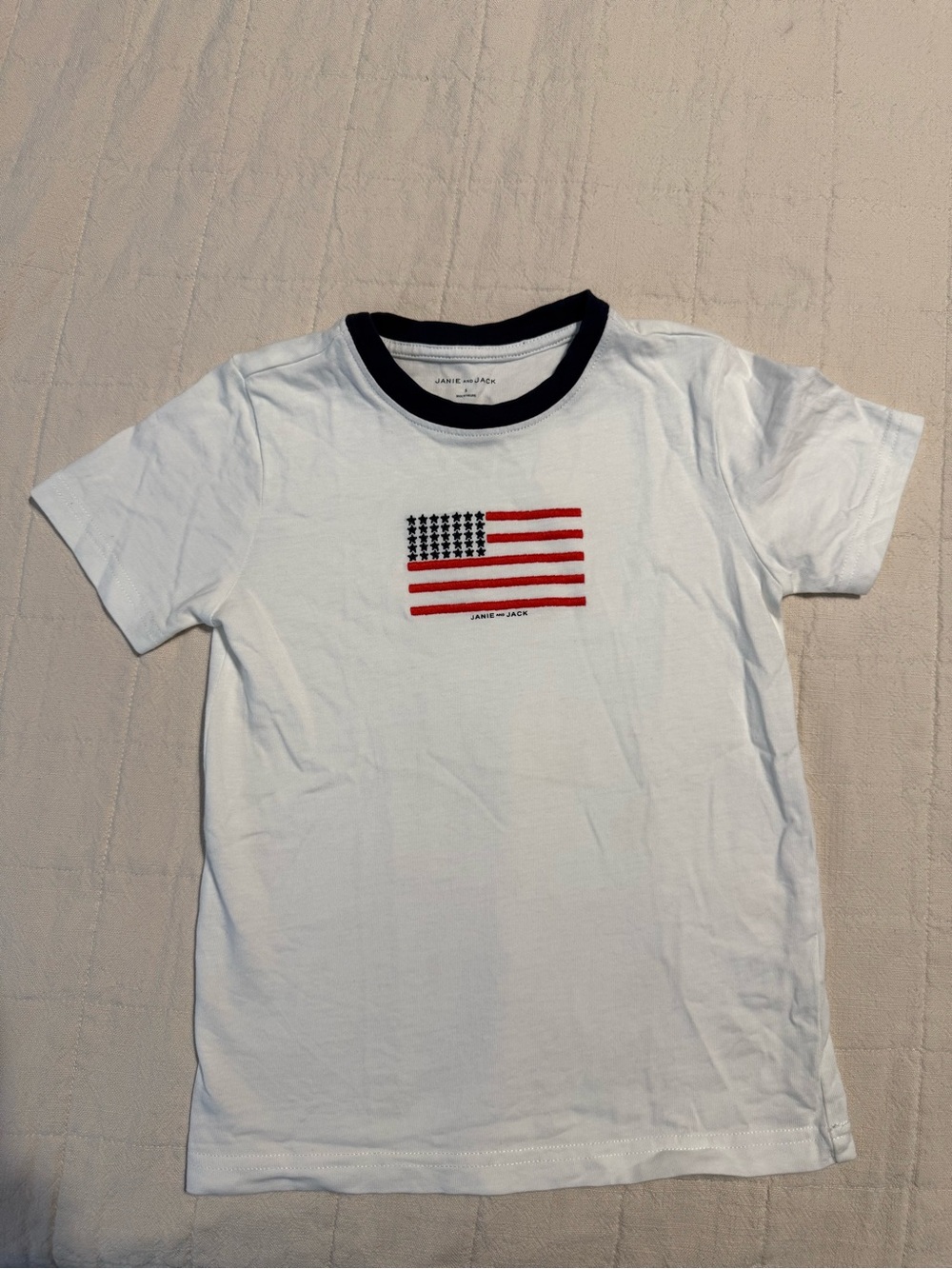 Janie and Jack White Tee with Navy Trim and Red Flag Embroidery